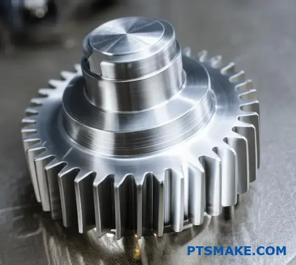 Zbliżenie polerowanego koła zębatego pokazujące jakość wykończenia powierzchni wpływającą na wytrzymałość zmęczeniową metalu