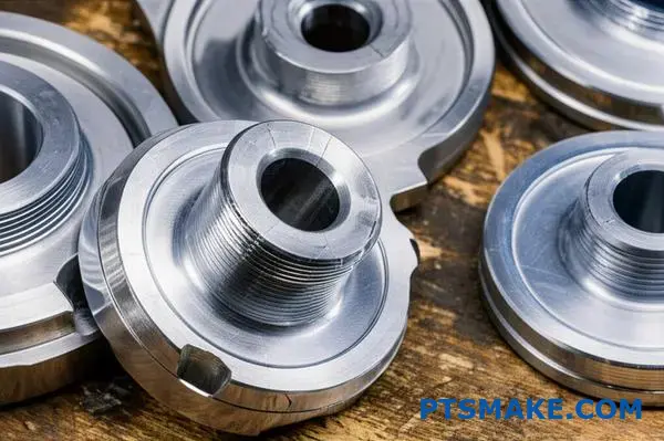 Aluminiowe komponenty mechaniczne wykazujące ślady naprężeń zmęczeniowych i degradację powierzchni na stole warsztatowym