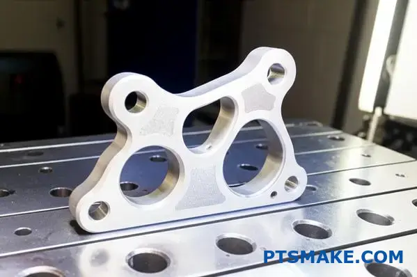 Precyzyjny element aluminiowy na stanowisku testowym pokazujący obszary podatne na zmęczenie metalu i koncentrację naprężeń