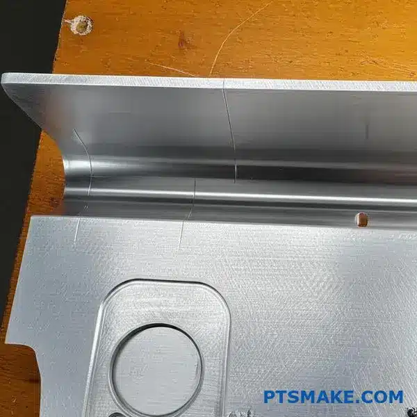 Zbliżenie aluminiowego elementu samolotu pokazujące pęknięcie włoskowate do analizy zmęczenia metalu i badania propagacji pęknięć