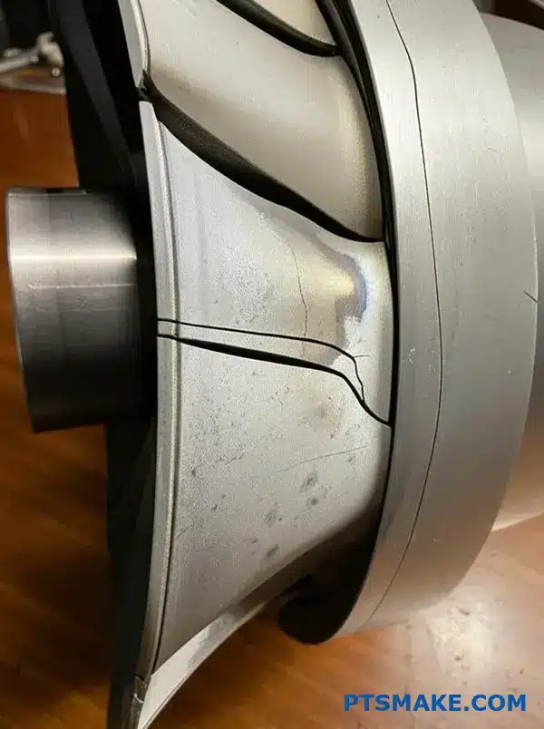 Zbliżenie uszkodzonej łopatki turbiny samolotu pokazujące metalowe pęknięcia zmęczeniowe i korozję na powierzchni warsztatu