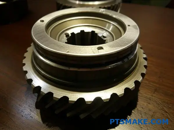 Szczegółowy widok przekładni samochodowej pokazujący wzorce naprężeń strukturalnych i charakterystykę zmęczenia metalu na powierzchni warsztatu