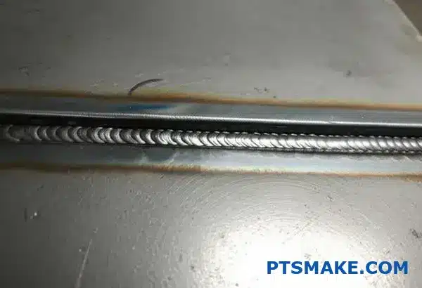 Zbliżenie spawanego złącza stalowego pokazujące obszary koncentracji naprężeń, które przyczyniają się do uszkodzenia zmęczeniowego metalu