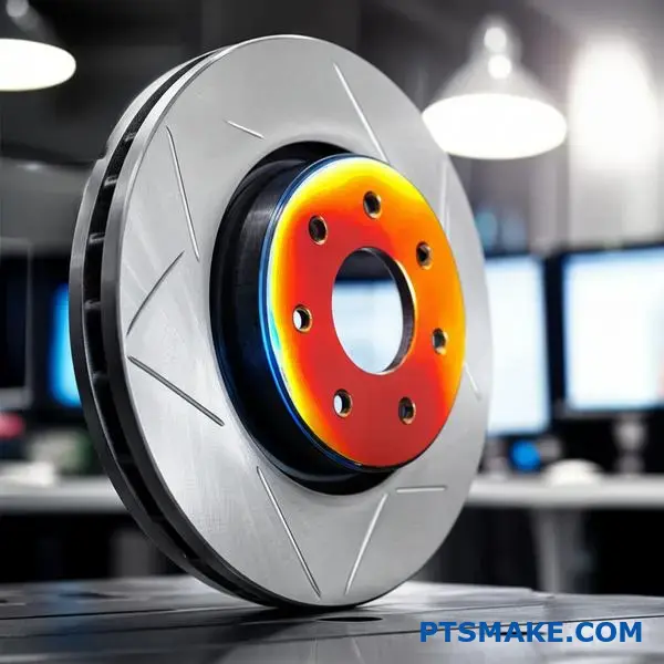 Element tarczy hamulcowej pokazujący wzorce analizy naprężeń do testów trwałości metalu i badań zapobiegania awariom