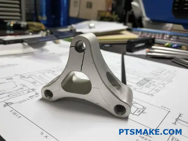 Uszkodzony wspornik aluminiowy pokazujący pęknięcie zmęczeniowe metalu na inżynieryjnym obszarze roboczym