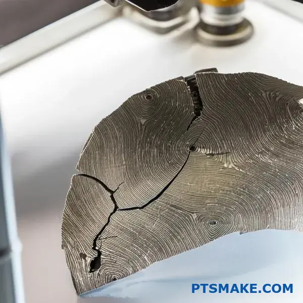 Szczegółowa analiza powierzchni pęknięć uszkodzonego elementu metalowego pokazująca wzorce zmęczenia naprężeniowego i strefy propagacji pęknięć