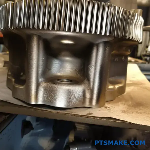 Część silnika samochodowego wykazująca uszkodzenia naprężeniowe i efekty zmęczenia materiału w warunkach podwyższonej temperatury