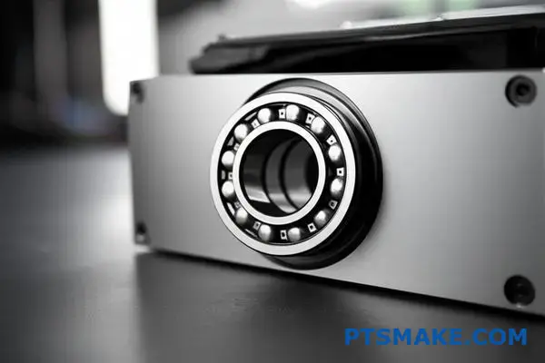 Widok z bliska precyzyjnego łożyska kulkowego pokazujący tolerancję pasowania między wałem a elementami obudowy