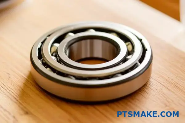 Szczegółowy widok łożyska kulkowego pokazujący wewnętrzny luz między pierścieniami i stalowymi kulkami w celu zapewnienia odpowiedniej tolerancji pasowania