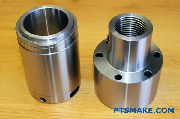 Dwie precyzyjne metalowe części przedstawiające wciskane elementy montażowe ze szczegółowymi wykończeniami powierzchni dla połączeń o wąskiej tolerancji