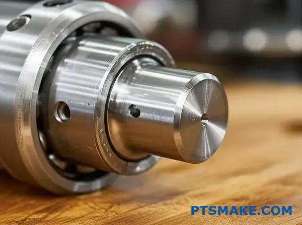 Metalowy wał i łożysko wykazujące ścisłe połączenie pasowane z precyzyjnymi tolerancjami obróbki na stole warsztatowym