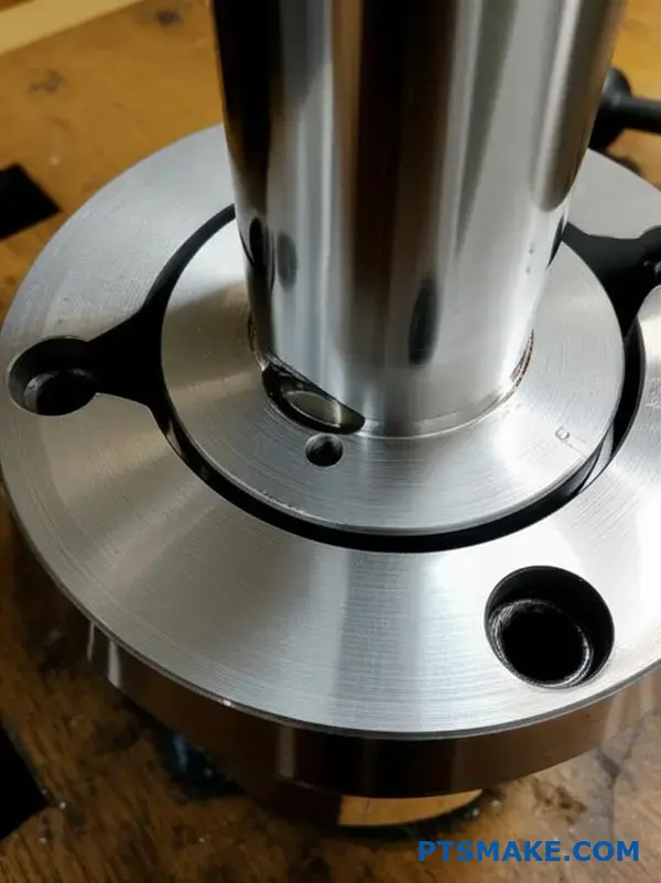 Zespół metalowego wału i piasty demonstrujący połączenie pasowania ciasnego z precyzyjnie obrobionymi powierzchniami na stole warsztatowym