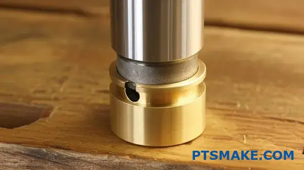 Precyzyjny, stalowy wał dopasowany do tulei z brązu, zapewniający połączenie dociskowe na stole warsztatowym