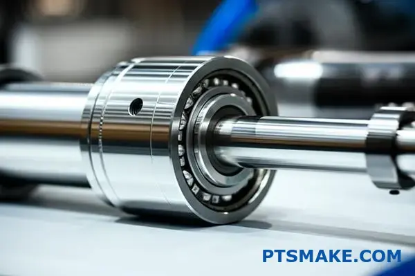 Zbliżenie precyzyjnego wału i łożyska pokazujące ścisłe połączenie mechaniczne i wciskane elementy montażowe