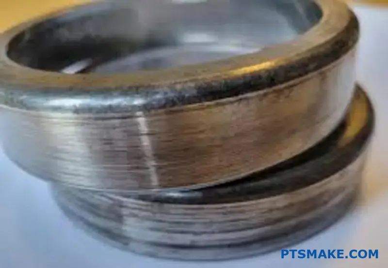 Zbliżenie pierścienia łożyska pokazujące uszkodzenie pełzające z korozją cierną i śladami zużycia wynikającymi z niewłaściwej tolerancji pasowania