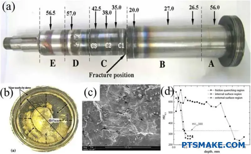 Trwale zdeformowany wał stalowy wykazujący uszkodzenie materiału spowodowane nadmierną siłą nacisku przekraczającą granice plastyczności.