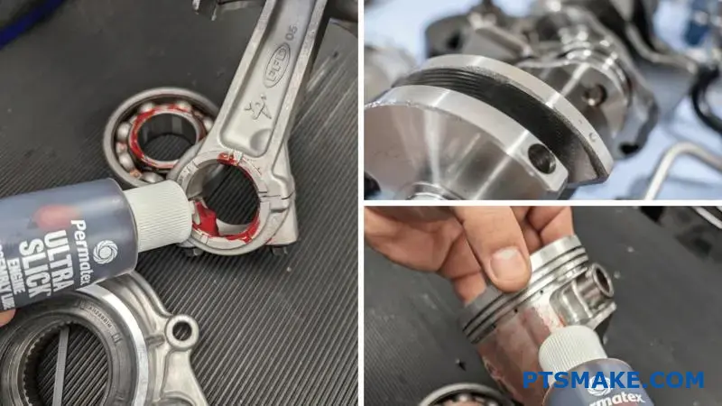 Zbliżenie cylindrycznych elementów metalowych ze smarem podczas procesu montażu precyzyjnego