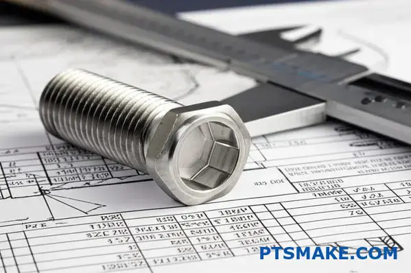 UNCねじの詳細と製造の吹き出しを示した仕様書付き技術図面に配置されたステンレス鋼ねじ込みファスナーボルト