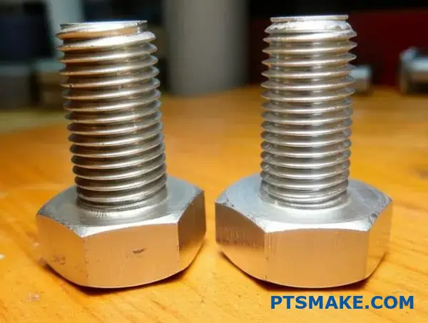 ねじ切り抵抗の比較のために、2本のボルトの並目ねじと細目ねじのピッチの違いを示す。