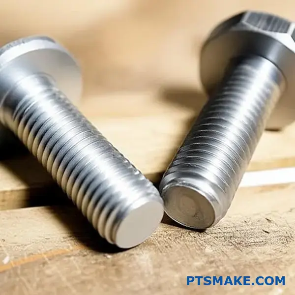 エンジニアリング用途の細目と並目ねじパターンを示す2本の金属ボルト