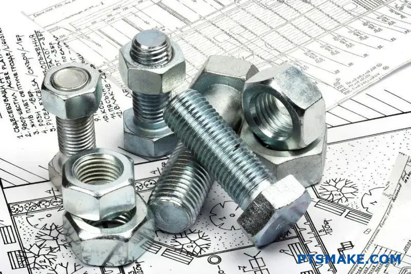 標準化されたねじボルトとナットのクローズアップ。