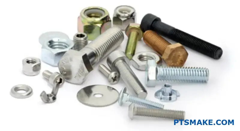 エンジニアリング用途のために、さまざまなねじ規格とパターンを表示するさまざまな金属材料