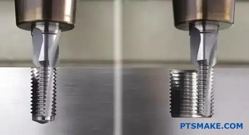 UNCとUNFのねじ切りの違いを示す、アルミブロックの並目ねじと細目ねじの詳細図