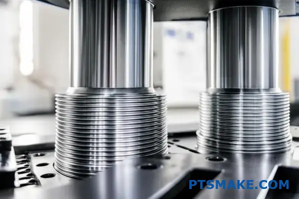 Two precision metal components being assembled showing press fit interference and surface contact dynamics