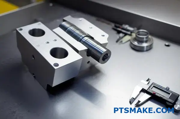 Industrial steel shaft and aluminum housing showing precise manufacturing tolerances and press fit compatibility on workbench