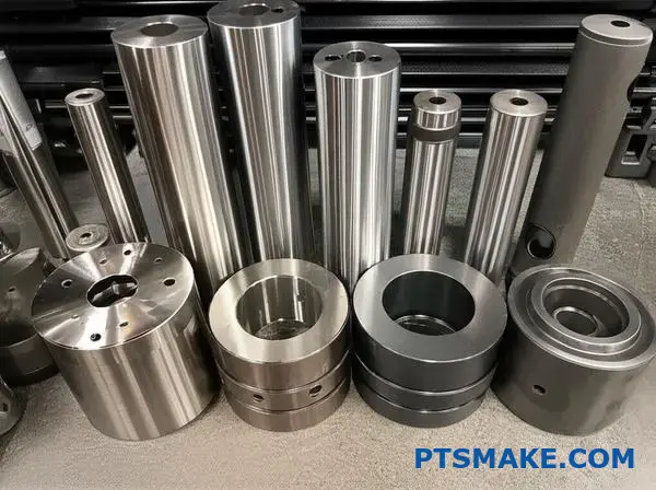 Various precision metal shafts and cylindrical sleeves demonstrating press fit tolerance selection for engineering applications