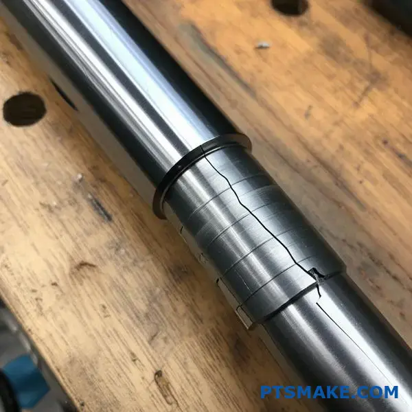 Broken metal shaft showing press fit failure with visible fracture lines on workshop table