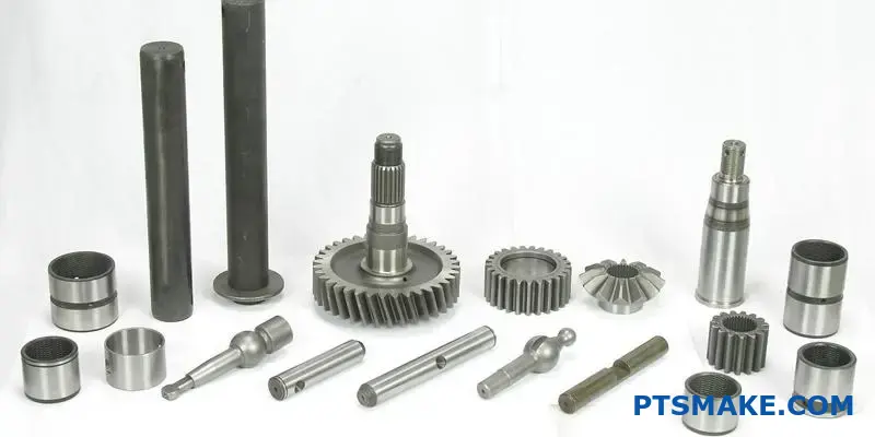 Two metal cylindrical parts showing shaft and hub components for press fit assembly calculation on wooden surface