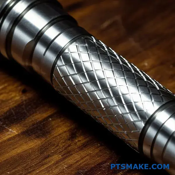 Detailed view of diamond knurling texture on cylindrical metal part showing crosshatch groove patterns