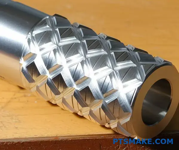 Detailed view of diamond knurling texture on metallic cylindrical component showing precise crosshatch grip patterns