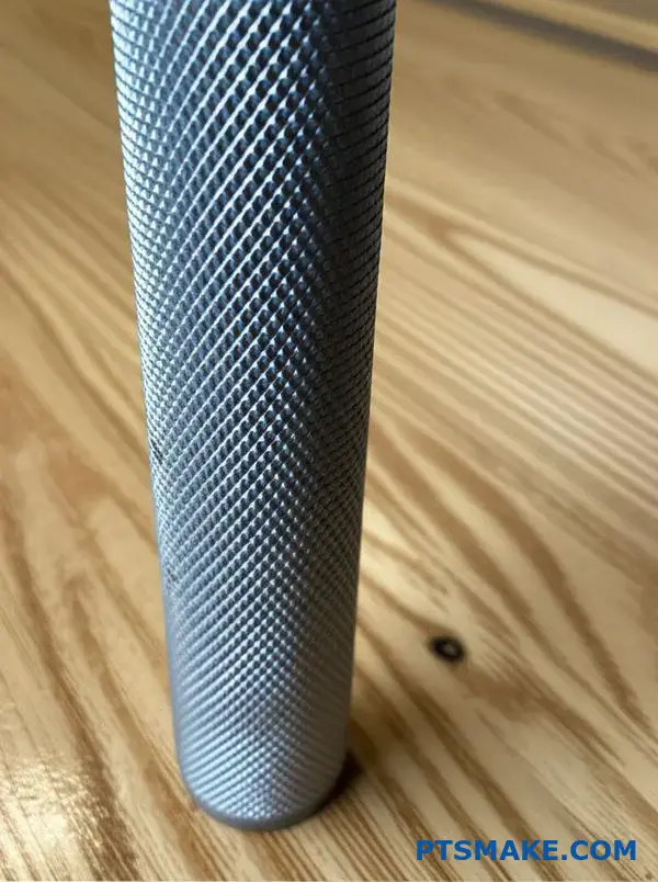 Detailed view of knurled surface texture on metal shaft showing diamond pattern grip texture quality