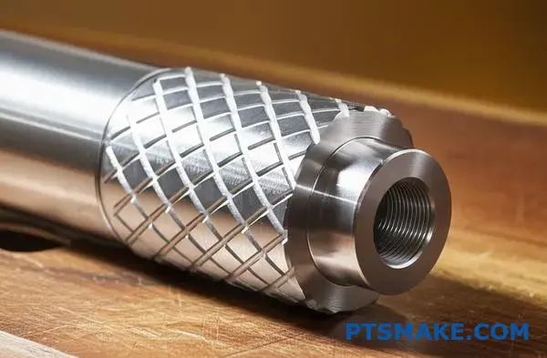 Detailed diamond knurled texture on metallic cylindrical component showing crosshatch grip pattern with light reflection