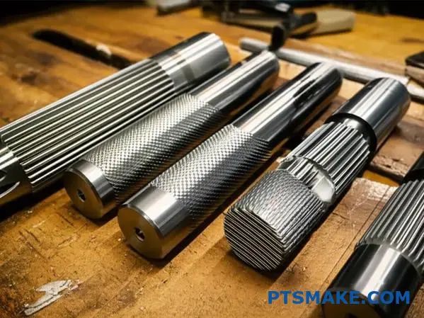 Collection of metal cylindrical parts displaying different knurled surface textures and grip patterns for functional applications