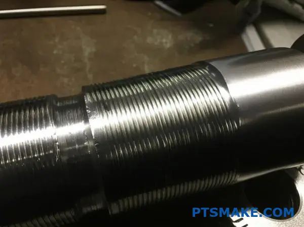 Metal cylindrical shaft displaying various knurling surface defects and textured grip patterns on industrial workbench