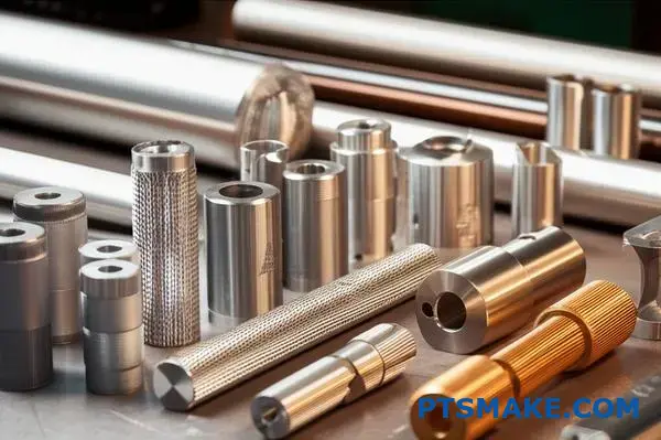 Different metal parts with knurled surfaces grouped by material properties showing diamond and straight knurling patterns on various components