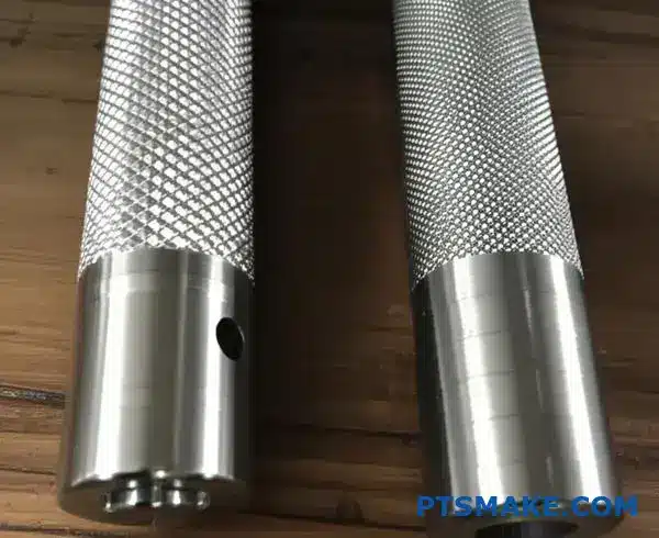 Comparison of macro and micro knurled metal shafts showing different textured surface patterns and grip structures