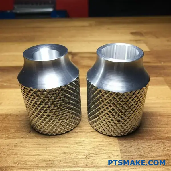 Two aluminum parts displaying contrasting knurled surface geometries with detailed textured patterns for comparison