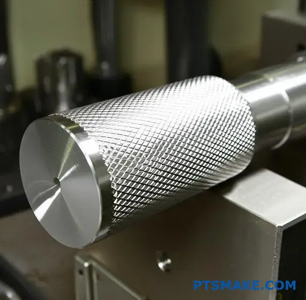 Close-up of cylindrical metal shaft showing uniform diamond knurling texture with crosshatch grooves for enhanced grip functionality