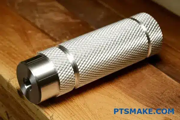 Precision machined aluminum shaft featuring custom diamond knurling texture patterns on workshop surface