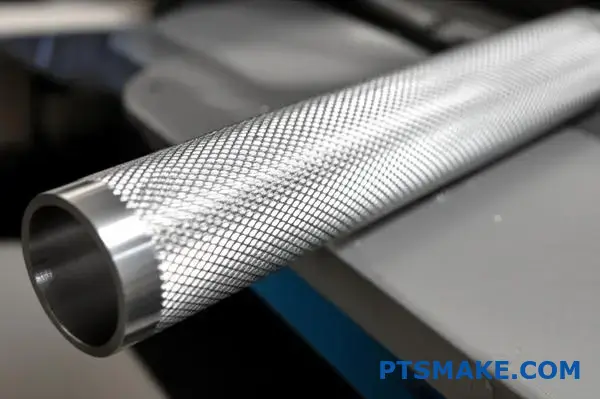 Close-up view of precision knurled aluminum tube showing detailed diamond surface patterns on thin-walled cylindrical component