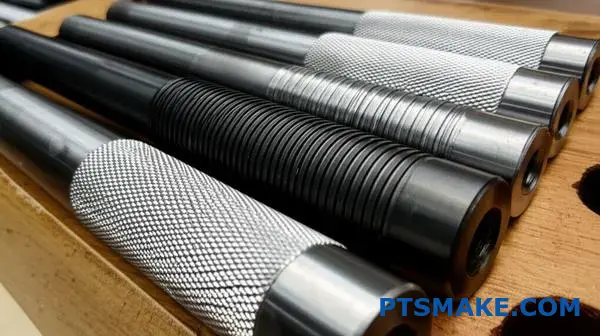 Collection of metal handles displaying different knurled surface patterns and grip enhancement textures on workbench