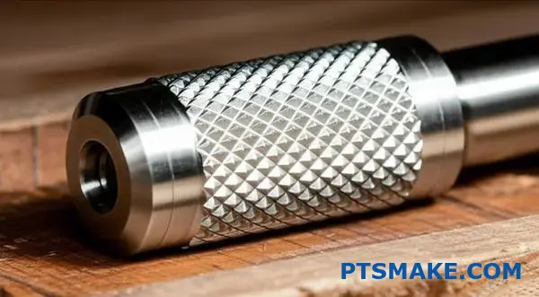 Detailed macro shot showing diamond textured grip patterns on precision machined cylindrical metal component
