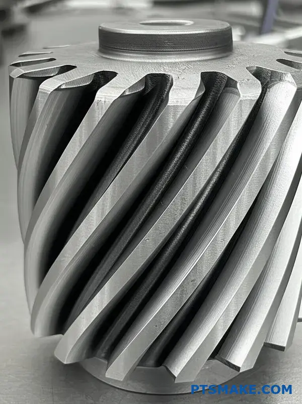 Vista dettagliata dei denti di un ingranaggio elicoidale che mostra gli angoli precisi dei denti e i vantaggi del taglio elicoidale