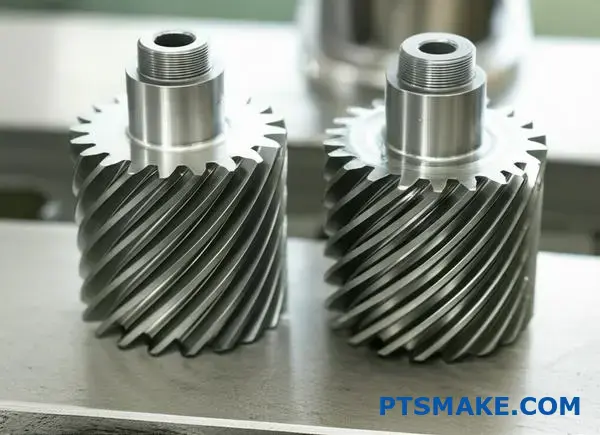 Confronto tra ingranaggi monoelicoidali e doppi elicoidali che mostrano i diversi schemi di dentatura e i vantaggi degli ingranaggi elicoidali