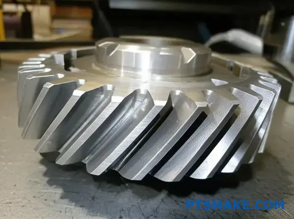 Ingranaggio elicoidale dettagliato con denti angolati che creano un movimento di scorrimento che richiede una lubrificazione specifica per ottenere vantaggi ottimali.