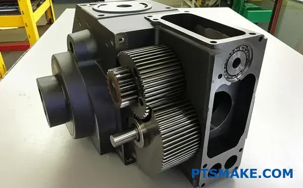 Carcassa per ingranaggi industriali progettata per sistemi di ingranaggi elicoidali con un robusto supporto per i cuscinetti e caratteristiche di allineamento precise